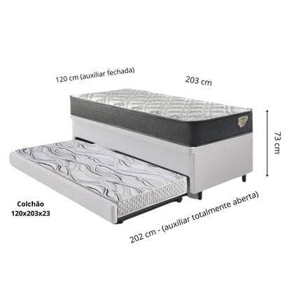 Imagem de Bicama Box Baú Viúva 120x203 material sintético Linho Branco com Colchão Adapto Molas Ensacadas Ecoflex