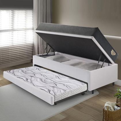 Imagem de Bicama Box Baú Viúva 120x203 material sintético Linho Branco com Colchão Adapto Molas Ensacadas Ecoflex
