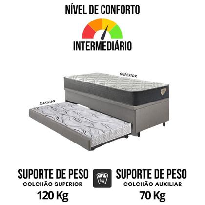 Imagem de Bicama Box Baú Viúva 120x203 material sintético Linho Cinza com Colchão Adapto Molas Ensacadas Ecoflex