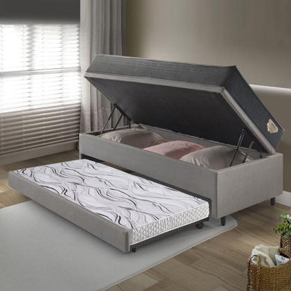 Imagem de Bicama Box Baú Viúva 120x203 material sintético Linho Cinza com Colchão Adapto Molas Ensacadas Ecoflex