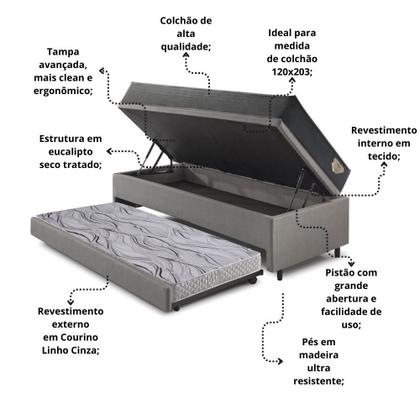 Imagem de Bicama Box Baú Viúva 120x203 material sintético Linho Cinza com Colchão Adapto Molas Ensacadas Ecoflex
