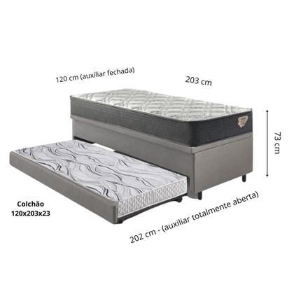 Imagem de Bicama Box Baú Viúva 120x203 material sintético Linho Cinza com Colchão Adapto Molas Ensacadas Ecoflex