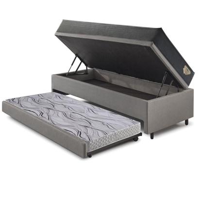 Imagem de Bicama Box Baú Viúva 120x203 material sintético Linho Cinza com Colchão Adapto Molas Ensacadas Ecoflex