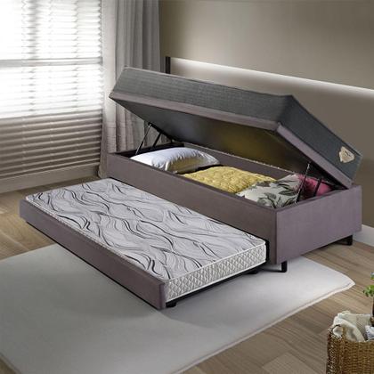 Imagem de Bicama Box Baú Viúva 120x203 Suede Cinza com Colchão Adapto Molas Ensacadas Ecoflex