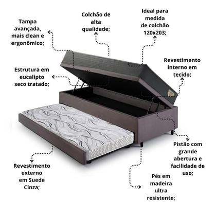 Imagem de Bicama Box Baú Viúva 120x203 Suede Cinza com Colchão Adapto Molas Ensacadas Ecoflex