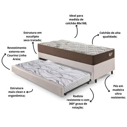 Imagem de Bicama Box Solteiro material sintético Linho Marrom 88x188x28 cm com Colchão Relax Adorabile Molas Ensacadas e Colchão Auxiliar Ecoflex