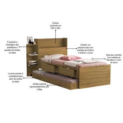 Imagem de bicama cama solteiro isa com gaveta bau e prateleira auxiliar para quarto com 2 colchões incluso