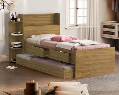 Imagem de bicama cama solteiro isa com gaveta bau e prateleira auxiliar para quarto com 2 colchões incluso
