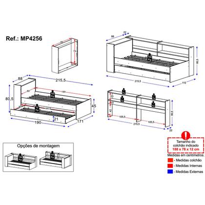 Imagem de Bicama de Solteiro para Colchão 188 x 78cm com Baú e Prateleira Multimóveis MP4256