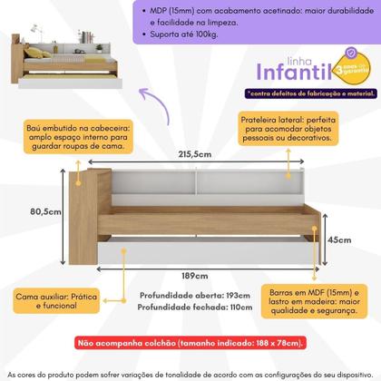 Imagem de Bicama de Solteiro para Colchão 188 x 78cm com Baú e Prateleira Multimóveis MP4256