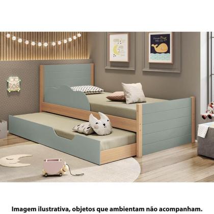 Imagem de Bicama Infantil Woody com Cama Auxiliar e Rodízios - Menta/Nature