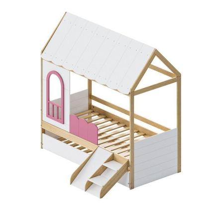 Imagem de Bicama Reversivel Casinha com Telhado e Led, com Janela, Grade e Escadinha New Garden Casatema Rosa/Natural