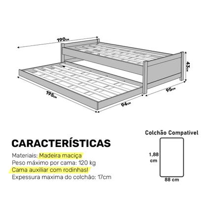 Imagem de Bicama Solteiro de Madeira Maciça Qualidade Com Cama Auxiliar Deslizante -