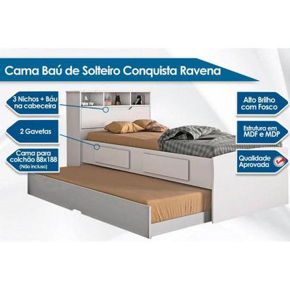 Imagem de Bicama Solteiro Ravena 2 Gavetas c/Auxiliar Branco - Conquista