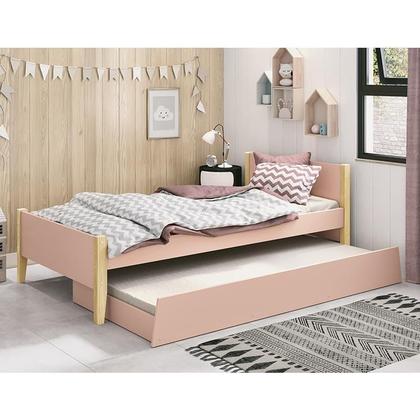 Imagem de Bicama Solteiro Simba Rosa Fosco com Pés Madeira Natural e Colchões D20 e D33 - Reller Móveis