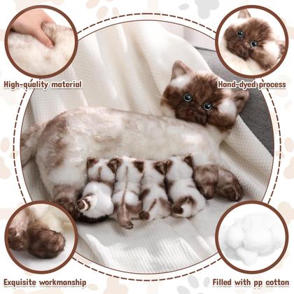 Imagem de Bicho de pelúcia Skylety Nurturing Siamese Cat com 4 gatinhos de 40 cm