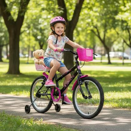 Imagem de Bicicleta Aro 20 Feminina Infantil De 6 A 13 Anos com Roda de Apoio e Cadeirinha Boneca - Preto/Rosa