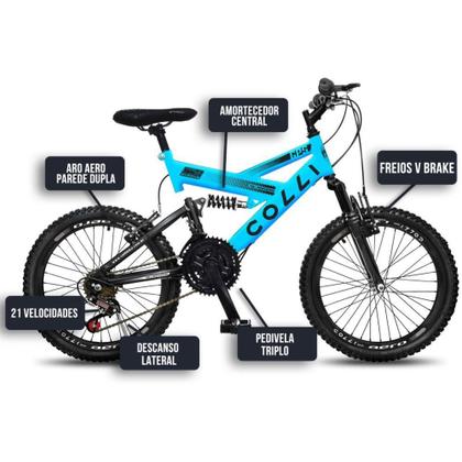 Imagem de Bicicleta ARO 20 GPS Azul Colli com 21 Marchas e Suspensão