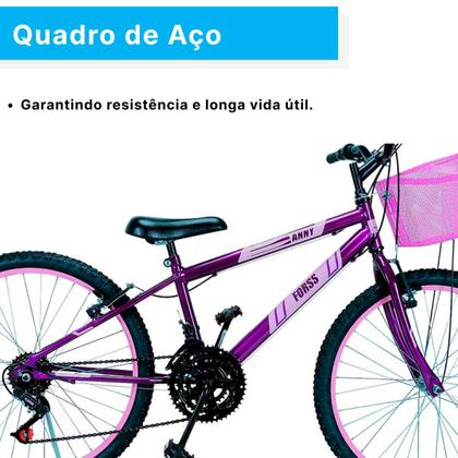 Imagem de Bicicleta Aro 24 C/cestinha Forss Anny 18 Marchas Violeta