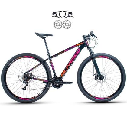 Imagem de Bicicleta Aro 29 Alfameq AFX Alumínio 21v Freio A Disco Hidráulico Garfo Suspensão - Preto/Laranja/Rosa