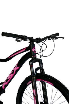 Imagem de Bicicleta Aro 29 Ksx Sd7 Feminina 21v Cabos Internos Alumínio Freios a Disco Garfo Suspensão Preto/Rosa