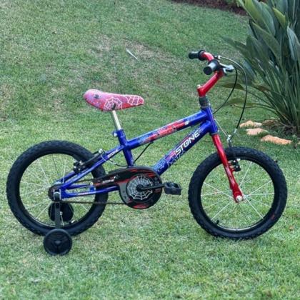 Imagem de Bicicleta Infantil Aro 16 Masculina Homem Aranha Com Rodinha Azul Com Vermelho