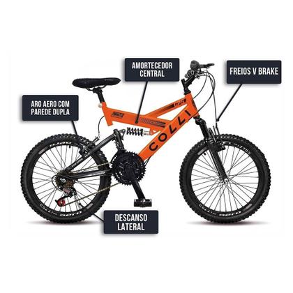 Imagem de Bicicleta Infantil Colli GPS20 - Aro 20, 21 Marchas, Tamanho Quadro 14, Aço Carbono, Dupla Suspensão, Laranja