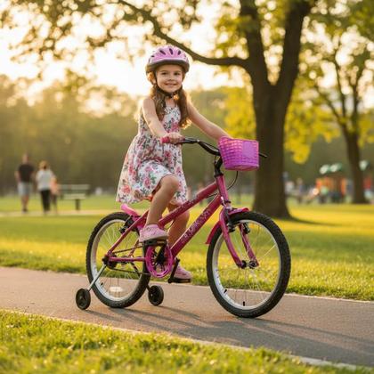 Imagem de Bicicleta infantil Feminina Aro 20 com Rodinha de Apoio criança de 5 a 8 anos - Rosa/Rosa