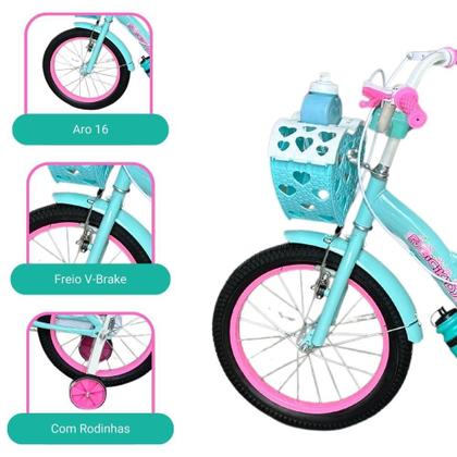 Imagem de Bicicleta Infantil Menina Aro 16 Com Rodinhas, Porta Objetos e Bagageiro Bicikids
