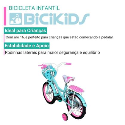 Imagem de Bicicleta Infantil Menina Aro 16 Com Rodinhas, Porta Objetos e Bagageiro Bicikids
