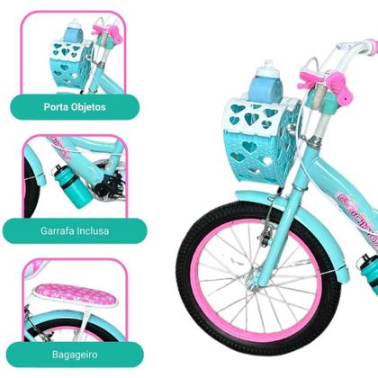 Imagem de Bicicleta Infantil Menina Aro 16 Com Rodinhas, Porta Objetos e Bagageiro Bicikids