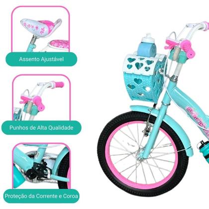 Imagem de Bicicleta Infantil Menina Aro 16 Com Rodinhas, Porta Objetos e Bagageiro Bicikids