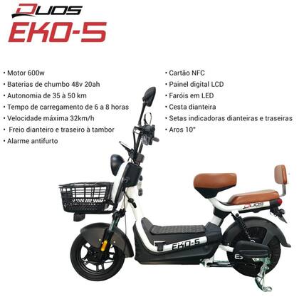 Imagem de Bicicleta Scooter Elétrica 600W Alarme Eko-5 Branca Duos