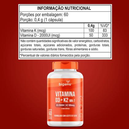 Imagem de Bigens vitamina d3 2000ui  k2 mk7 100mcg óleo de oliva 60 caps