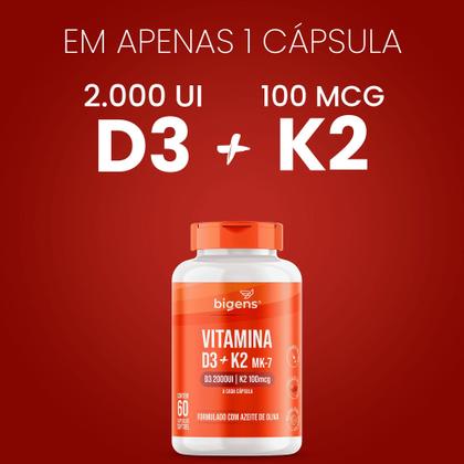 Imagem de Bigens vitamina d3 2000ui  k2 mk7 100mcg óleo de oliva 60 caps