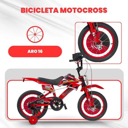 Bike Moto Cross Aro 16 Vermelha Com Som de Moto e até 50KG - Uni