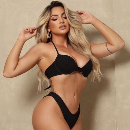 Imagem de Bikini feminino com bojo calcinha tanga cintura alta  efeito lipo