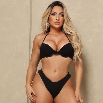 Imagem de Bikini feminino com bojo calcinha tanga cintura alta  efeito lipo