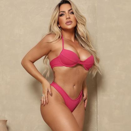 Imagem de Bikini feminino com bojo calcinha tanga cintura alta  efeito lipo