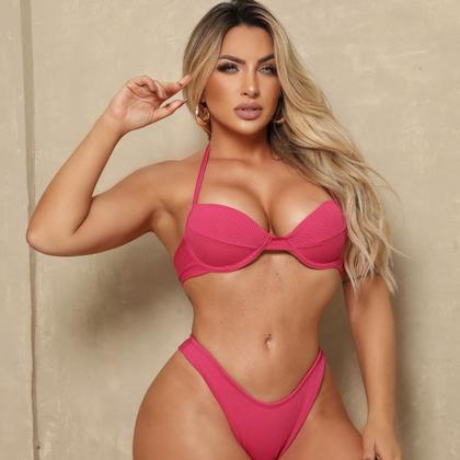 Imagem de Bikini feminino com bojo calcinha tanga cintura alta  efeito lipo