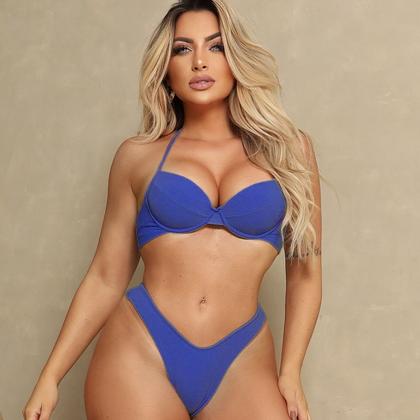 Imagem de Bikini feminino com bojo calcinha tanga cintura alta  efeito lipo