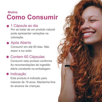 Imagem de Biotina Suplemento Alimentar Rico Acido Fólico Vitamina Saúde Cabelos e Unhas Natunéctar Original Pote 60 Capsulas