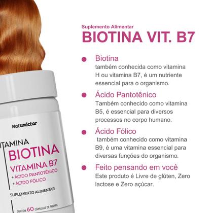 Imagem de Biotina Suplemento Alimentar Rico Acido Fólico Vitamina Saúde Cabelos e Unhas Natunéctar Original Pote 60 Capsulas