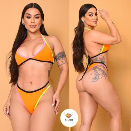 Imagem de Biquíni Asa Delta Suplex Laranja Vibrante Neon Tiras Coloridas Moda Praia Verão
