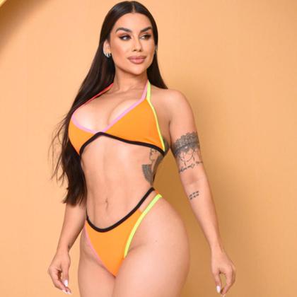 Imagem de Biquíni Asa Delta Suplex Laranja Vibrante Neon Tiras Coloridas Moda Praia Verão