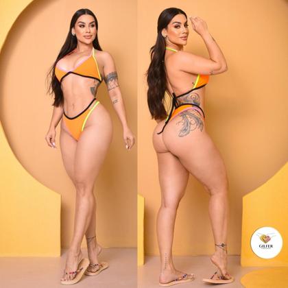 Imagem de Biquíni Asa Delta Suplex Laranja Vibrante Neon Tiras Coloridas Moda Praia Verão