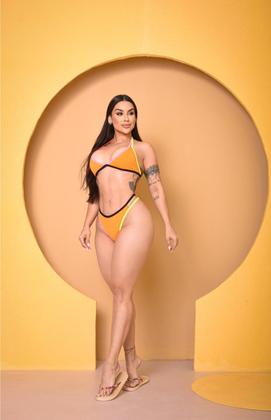 Imagem de Biquíni Asa Delta Suplex Laranja Vibrante Neon Tiras Coloridas Moda Praia Verão