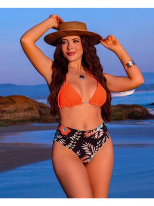 Imagem de Biquini Cortininha C/ Calcinha Hot Paint Cós Alto Fio Duplo , Laranja/ Preto Florido