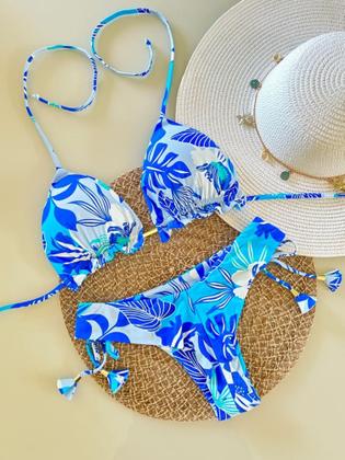 Imagem de Biquini Cortininha com Calcinha Fio Duplo Floral Azul/Branco