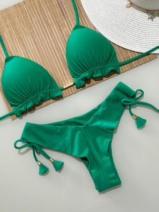 Imagem de Biquini Cortininha Com Calcinha Fio Duplo, Verde Bandeira